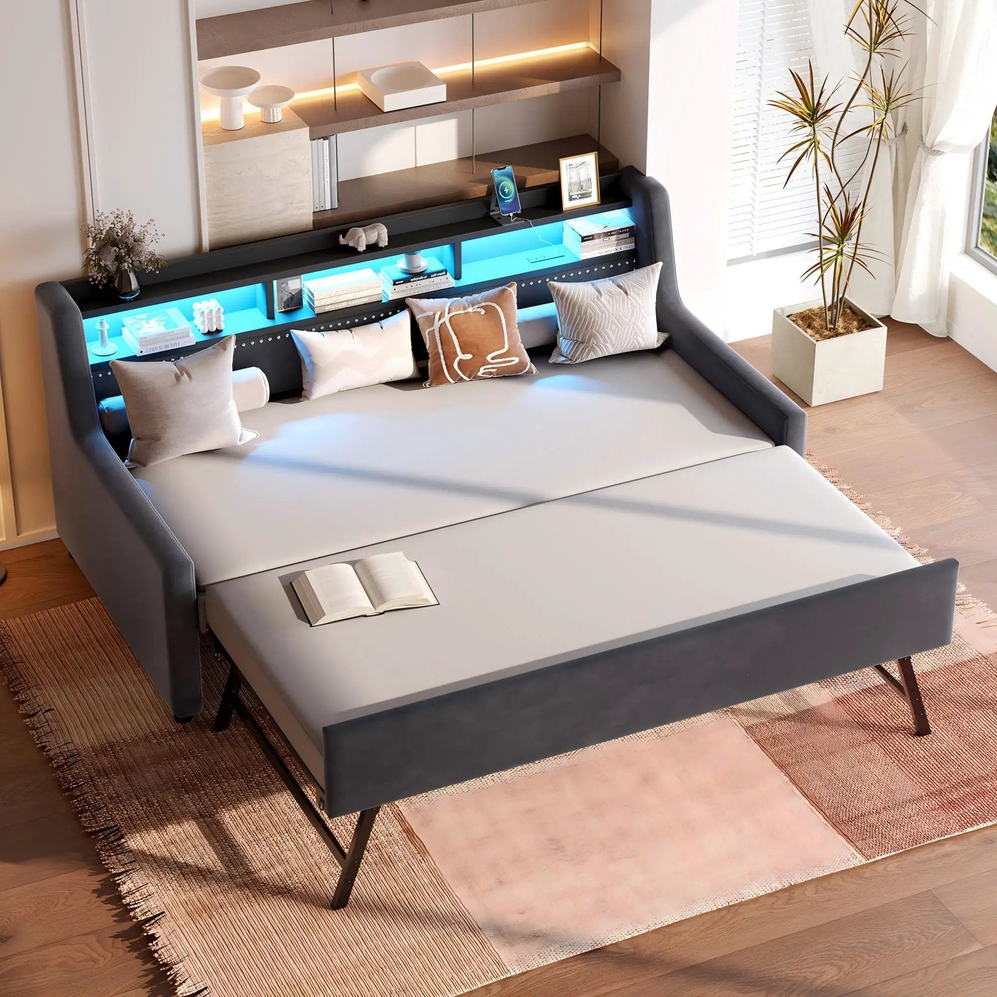 Twin Size Daybed With Trundle With LED Light ? Charging Station - Dark Gray by HouseOfZazla