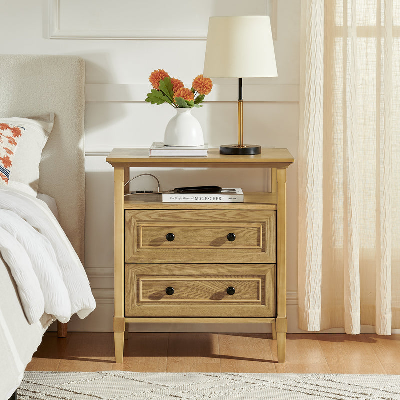 Wooden Bedside Nightstand with Open Cubby & 2 Storage Drawers - Bedroom Cabinet, photo 2 of 10