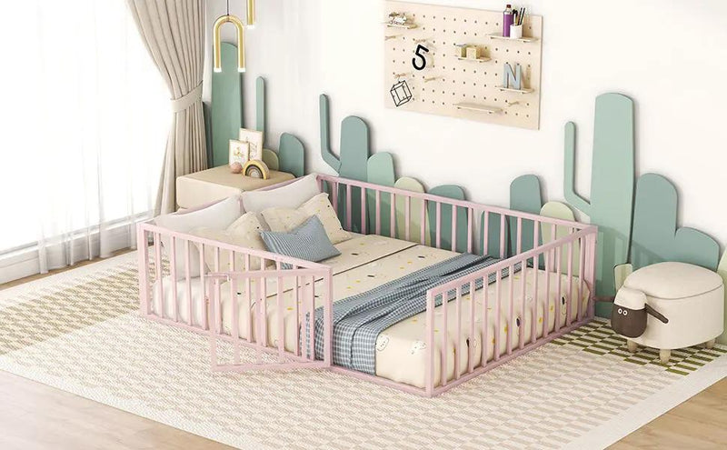 Metal Floor Bed Frame With Fence And Door by HouseOfZazla