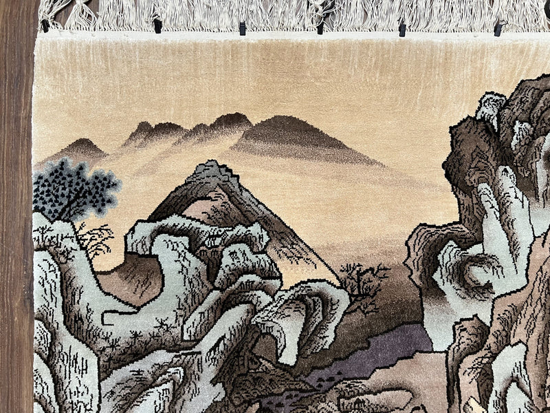 Silk Chinese Wall Hanging Rug 3x6 ft Tapestry, Pagoda Scene, Pictorial, High Quality Fine Hand Knotted Vintage, Asian Oriental Handmade Nice by Jewel Rugs