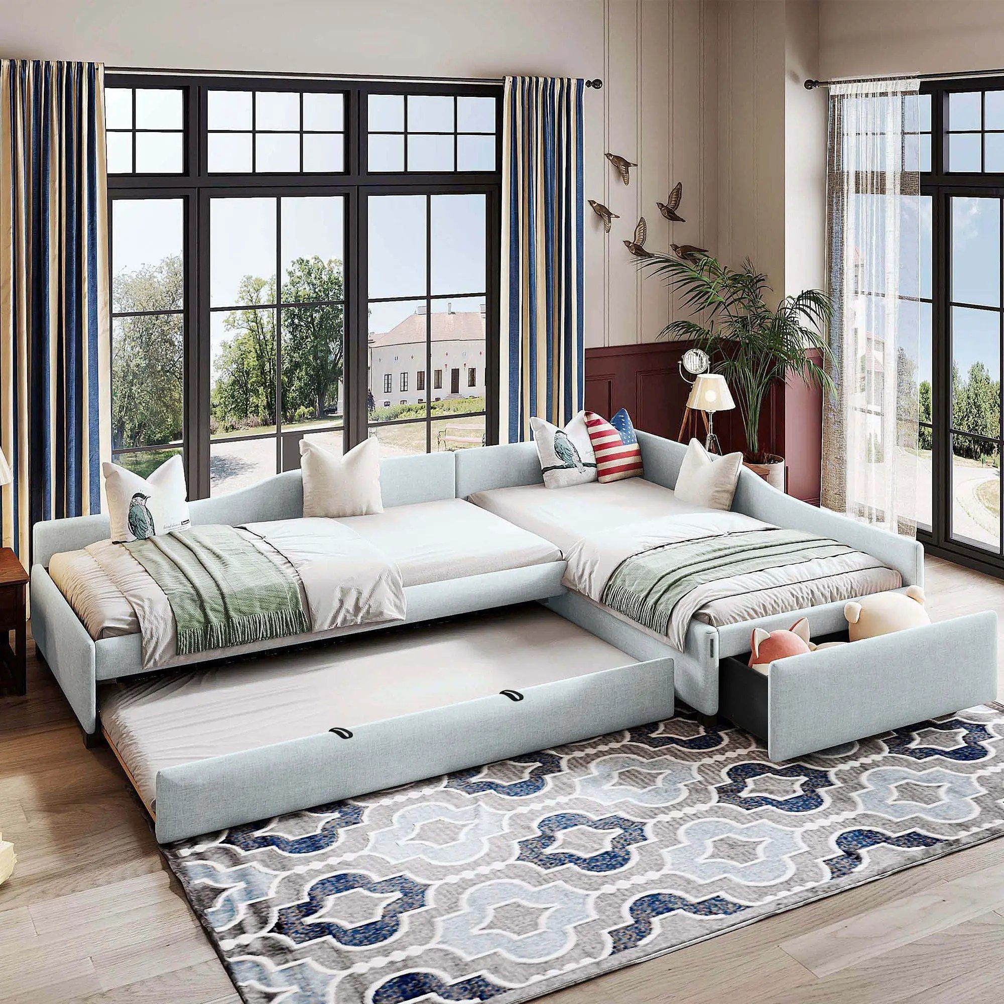 Upholstered Double Daybed With Trundle And Drawer