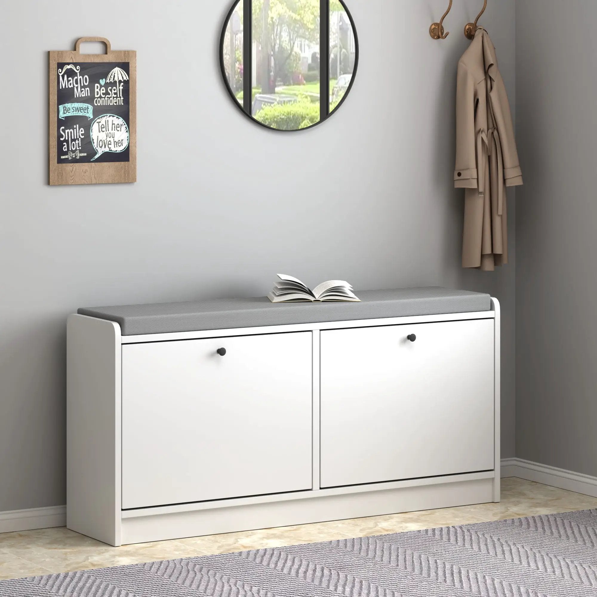 Shoe Storage Bench With Cushion, Entryway Organizer Cabinet For Hallway - White by HouseOfZazla