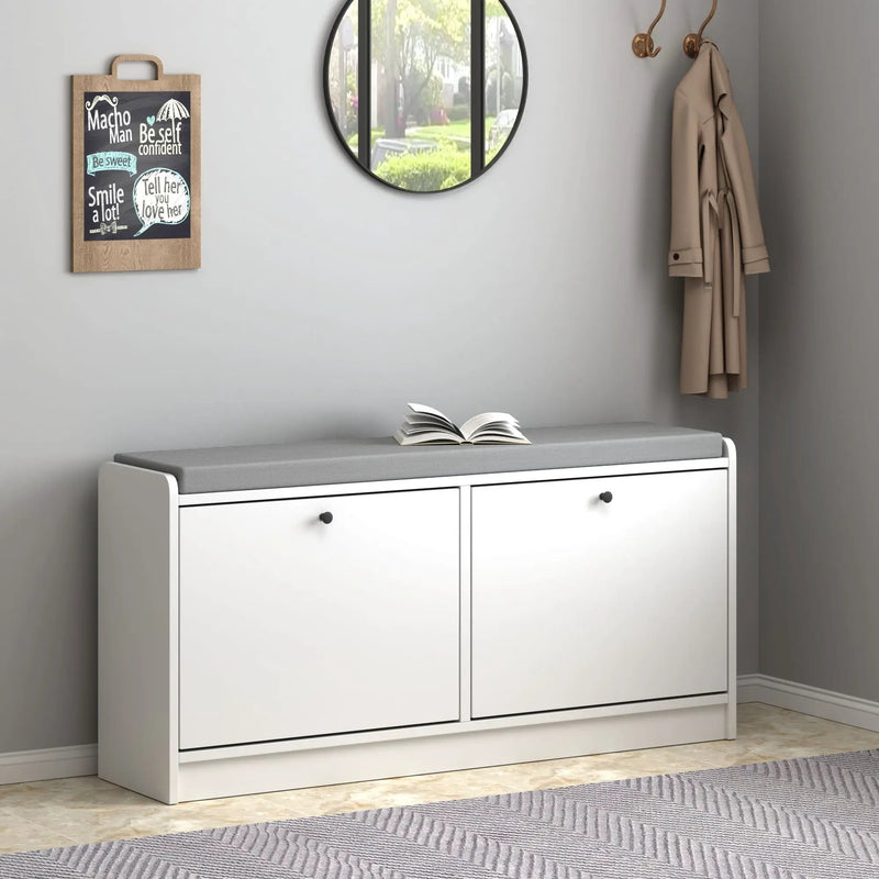 Shoe Storage Bench With Cushion, Entryway Organizer Cabinet For Hallway - White by HouseOfZazla