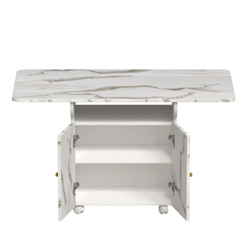Versatile Marble Folding Dining Table With Storage Rack And Cabinet, 6 Wheels - White by HouseOfZazla