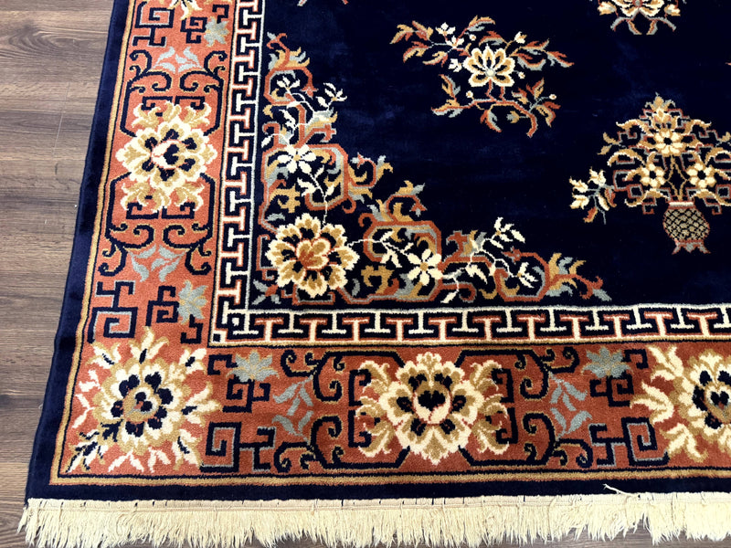 Chinese Wool Rug 8x11, Navy Blue and Terracotta, Floral, Couristan Belgium Power Loomed Carpet by Jewel Rugs