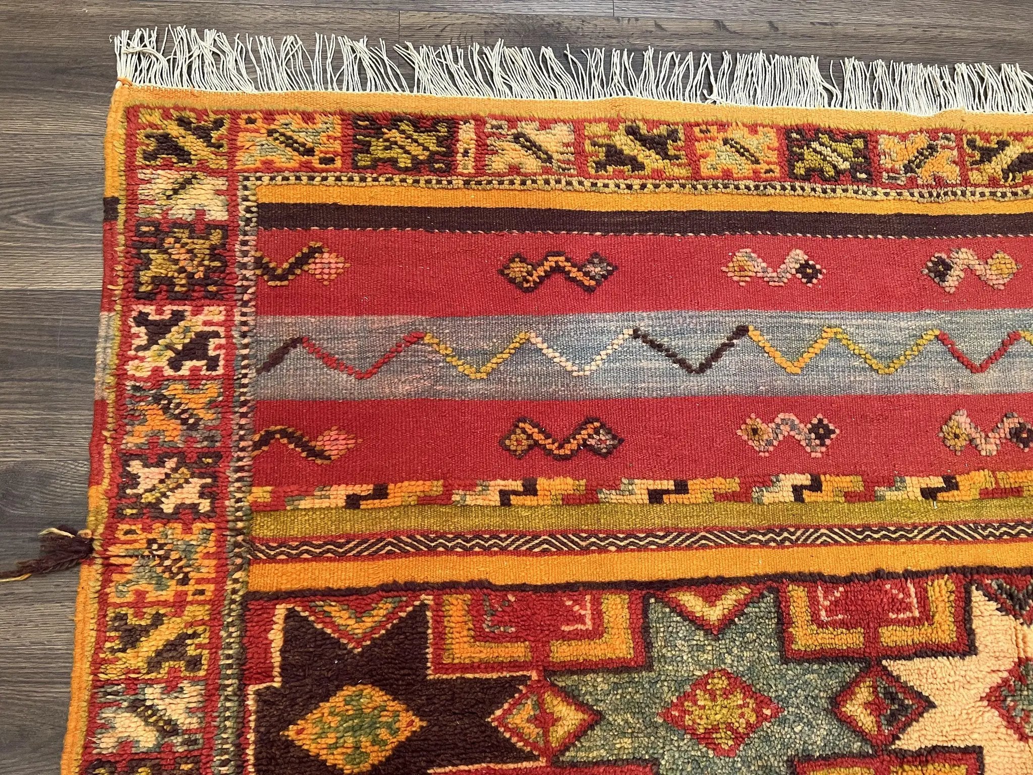 Unique Moroccan Rug 7x10, Room Sized Carpet, Red Orange Gray, Wool Oriental Striped Geometric Tribal Boho Rug, Flatweave with Raised Pile by Jewel Rugs