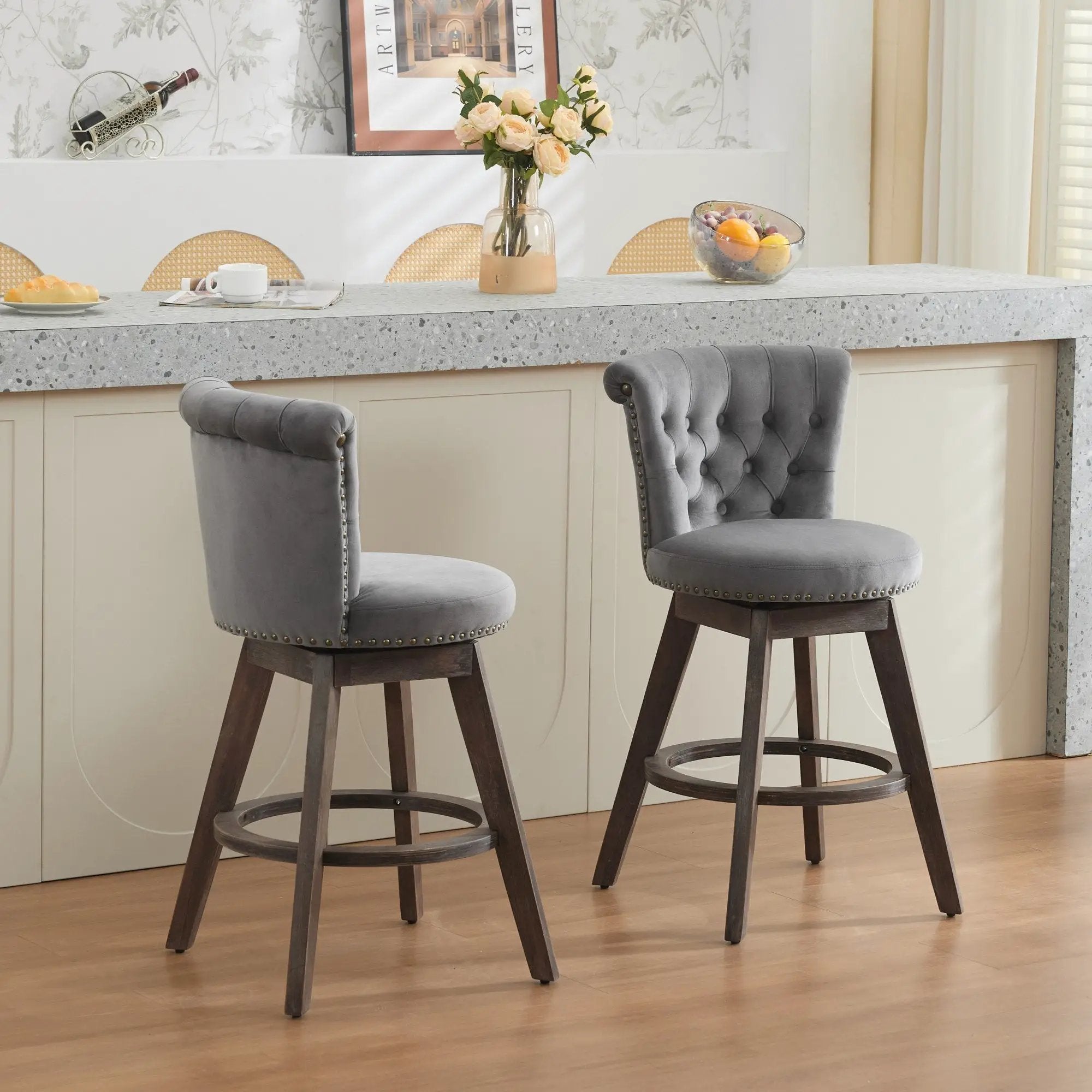 26" Counter Height Bar Stools Set of 2 with 360° Swivel and Velvet Upholstery by HouseOfZazla