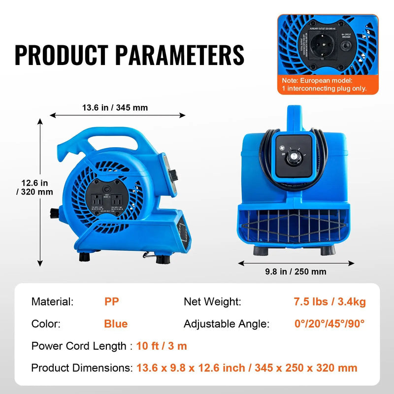 Floor Blower 1360 RPM 600 CFM Air Mover with 4 Blowing Angles 3-Speeds by HouseOfZazla