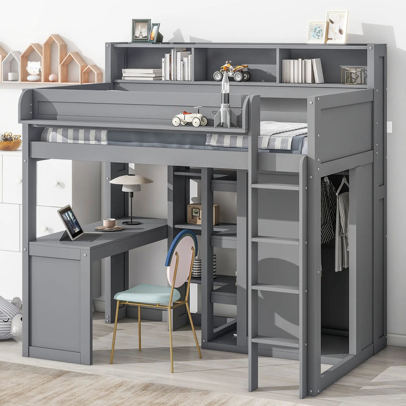 Loft Bed With Built In Desk, Storage Shelves, And Wardrobe by HouseOfZazla