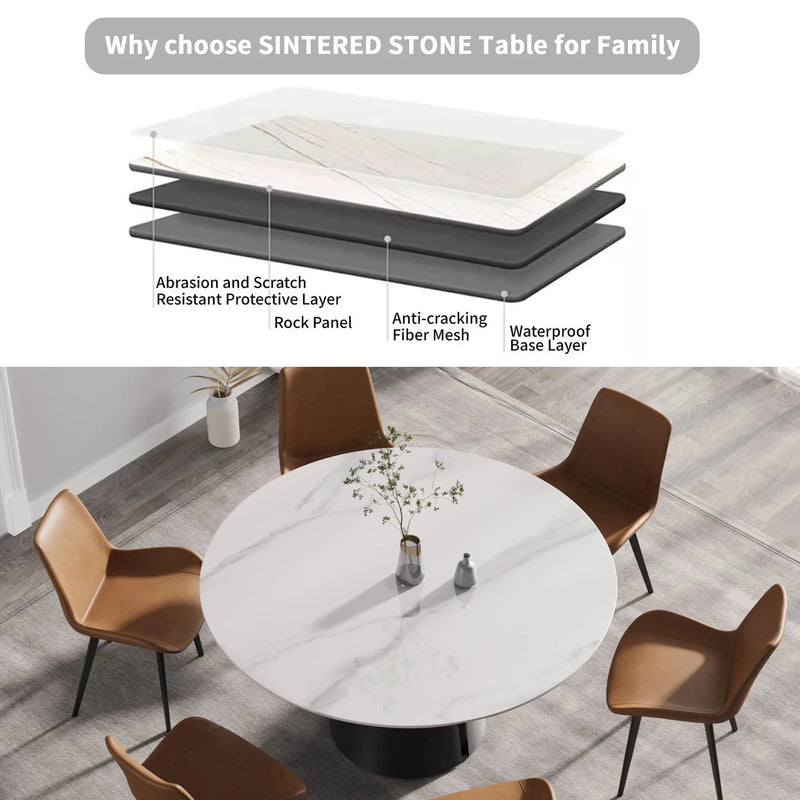59.05" Modern Artificial Stone Round Carbon Steel Base Dining Table - White / Black by HouseOfZazla