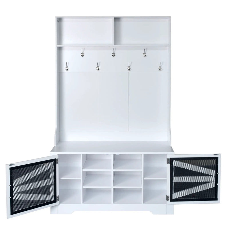 Entryway Bench With Coat Rack, 3 In 1 Design And Adjustable Shelves
