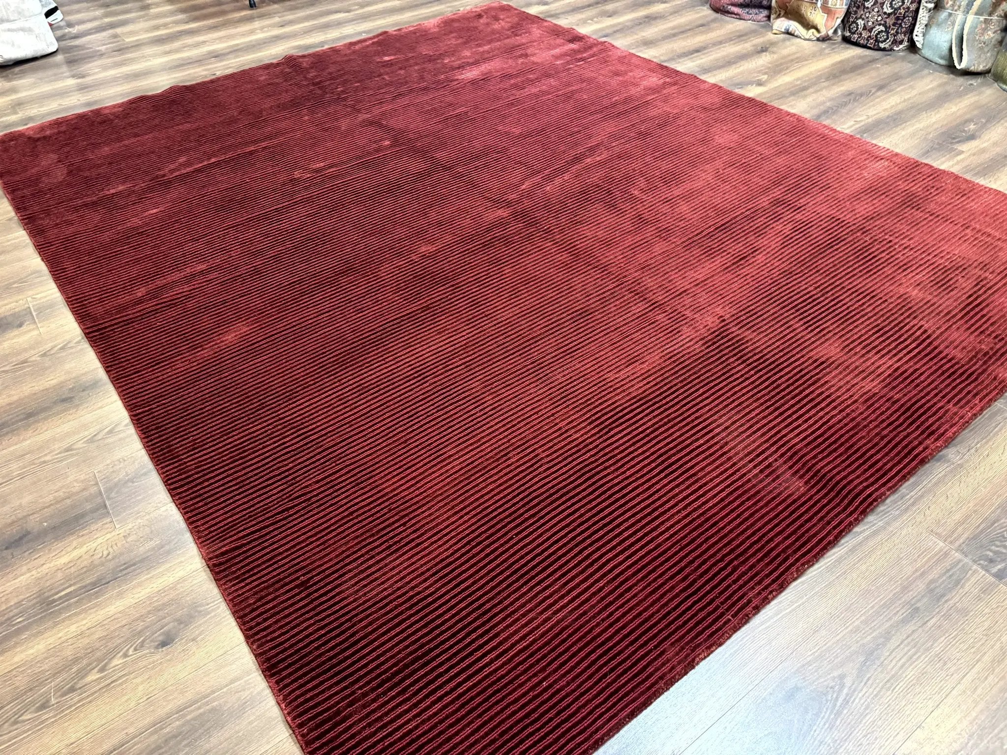 Modern Tibetan Rug 8x10, Red, Stripes, Handmade Wool Thick Pile Carpet by Jewel Rugs