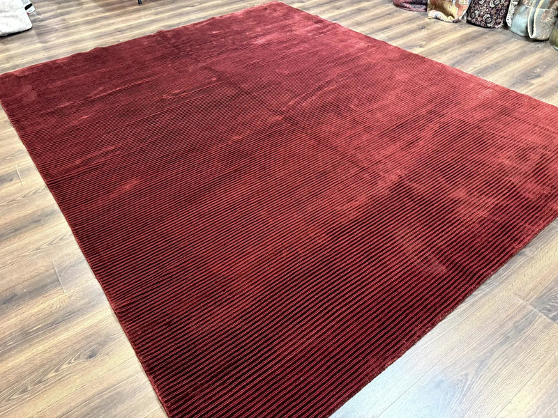 Modern Tibetan Rug 8x10, Red, Stripes, Handmade Wool Thick Pile Carpet by Jewel Rugs