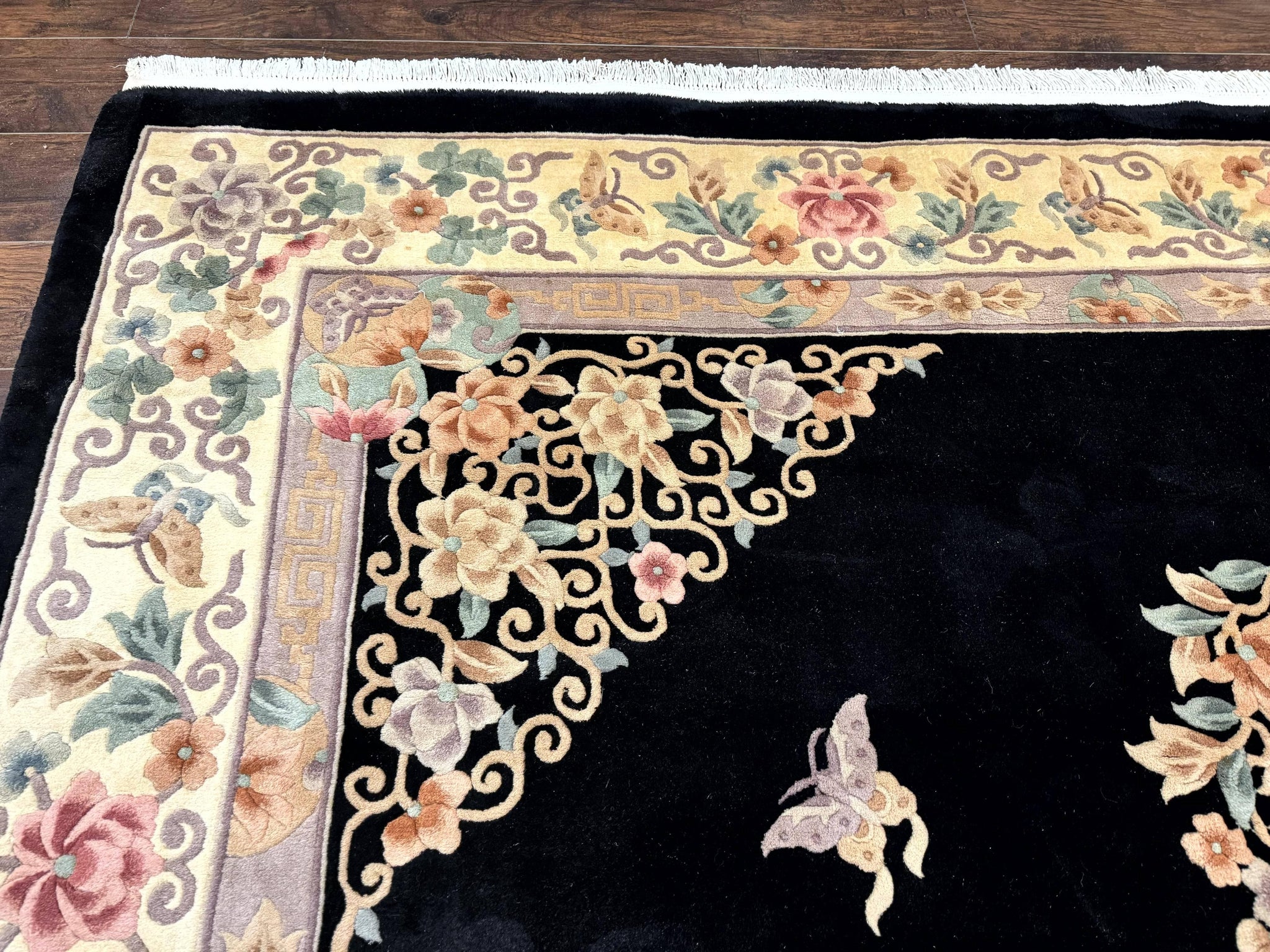 Chinese Wool Rug 9x12, Chinese Carving Carpet, Floral Medallion, Black and Beige, Butterflies, Vintage Asian Oriental Rug, 90 Line Rug by Jewel Rugs