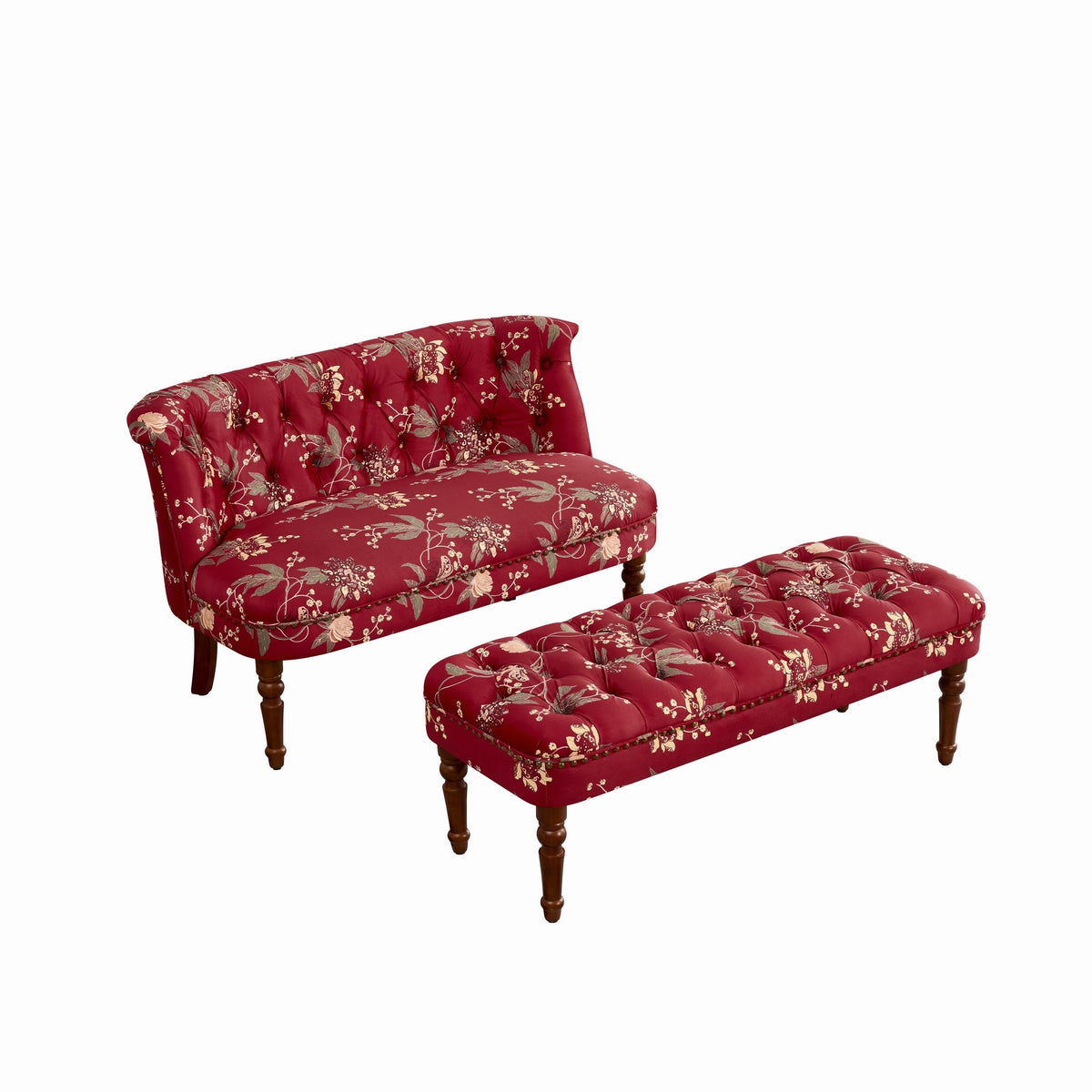 Floral Tufted Sofa Chair with Solid Wood Legs - Wine Red, Green, or Tiffany Blue, photo 10 of 10