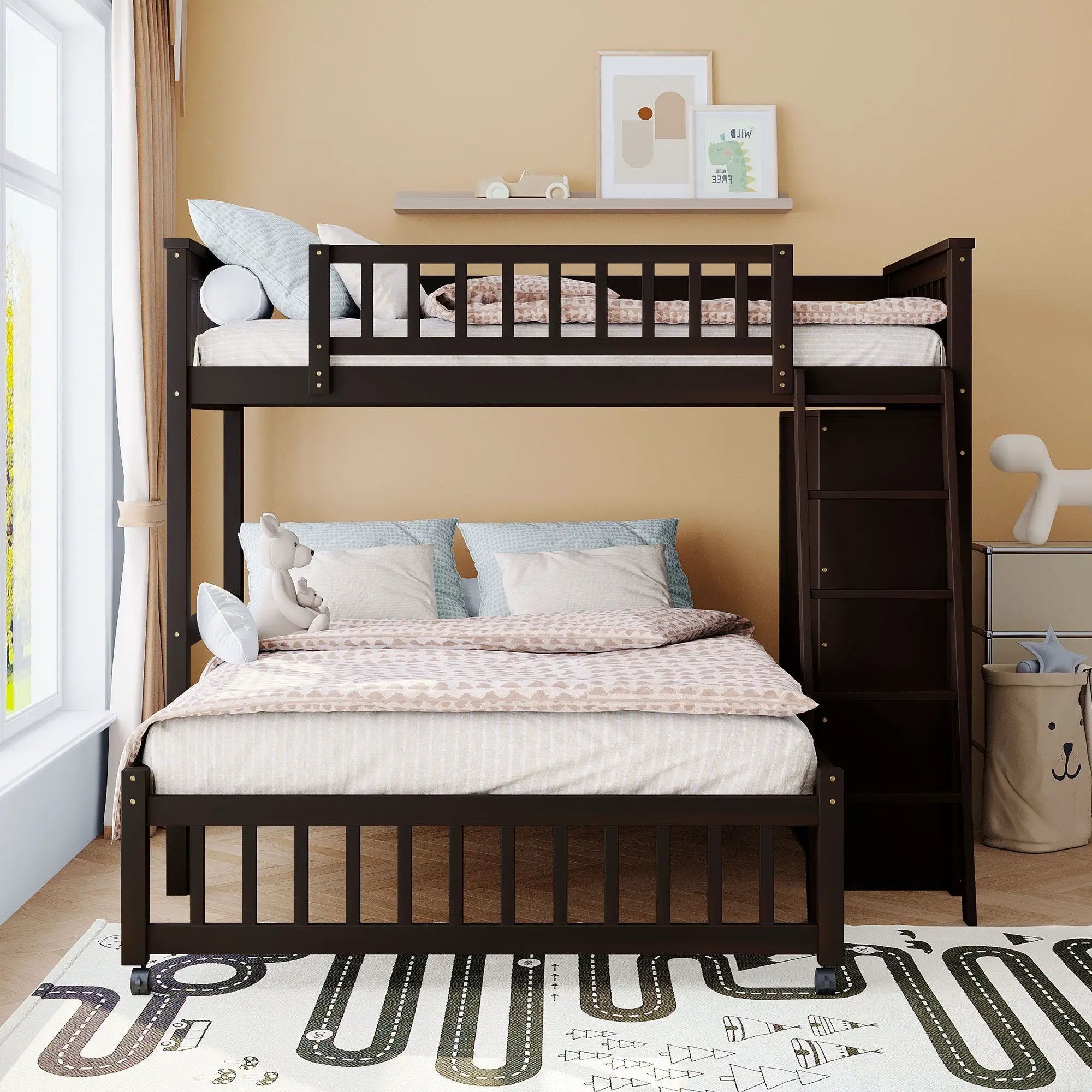 Bunk Bed With 6 Drawers And Flexible Shelves, Bottom Bed With Wheels by Unique Piece Furniture