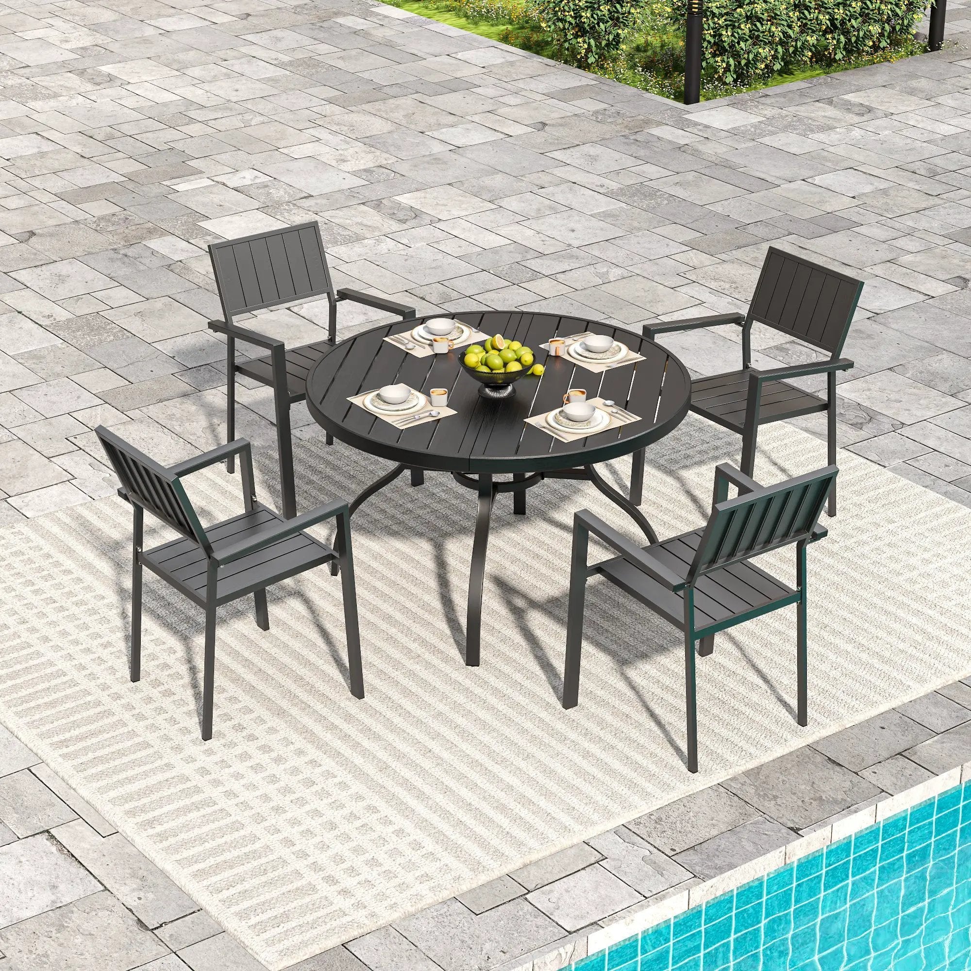 Round Faux Wood Slat Patio Table 47" with Umbrella Hole by HouseOfZazla
