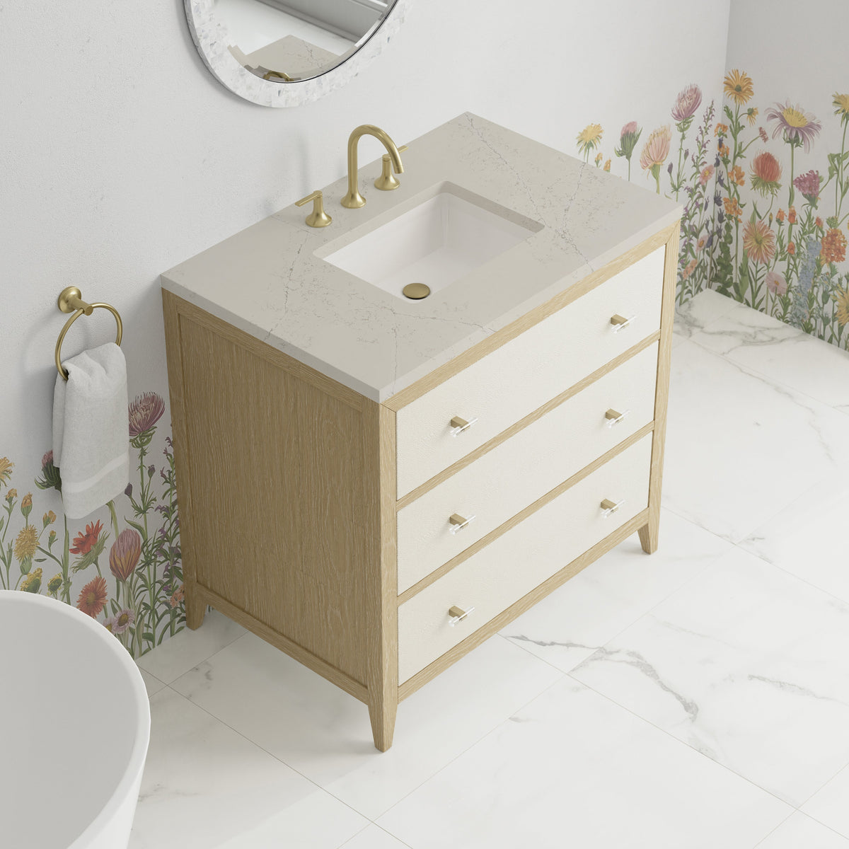 James Martin Celeste 36" Single Bathroom Vanity, Sunwashed Oak with Embossed Shagreen Drawer Fronts with Siberian countertop
