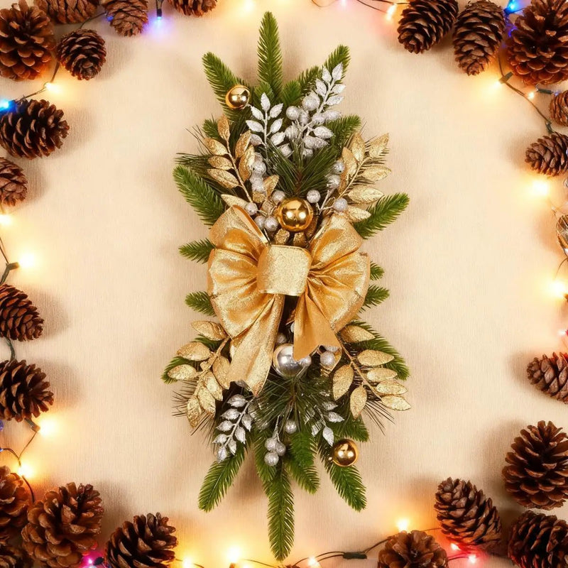 Ceramic Bow Christmas Ornament, Red, with Pinecones and Hanging Loop by House Of Avana