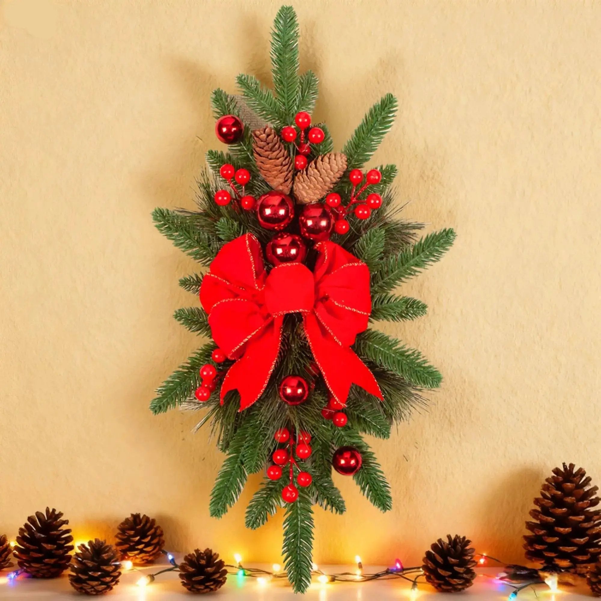 Ceramic Bow Christmas Ornament, Red, with Pinecones and Hanging Loop by House Of Avana