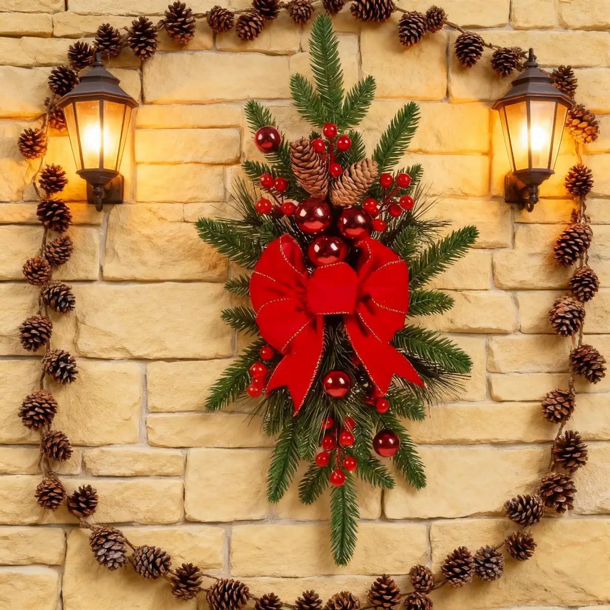 Ceramic Bow Christmas Ornament, Red, with Pinecones and Hanging Loop by House Of Avana