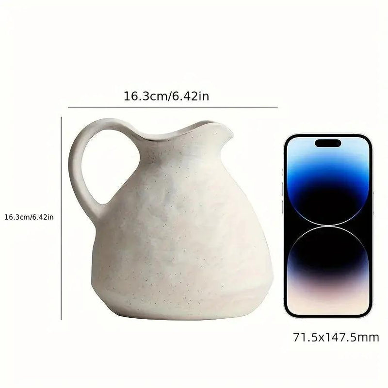 Ceramic Kettle Vase, Rustic White Cylinder Pottery with Handle by House Of Avana