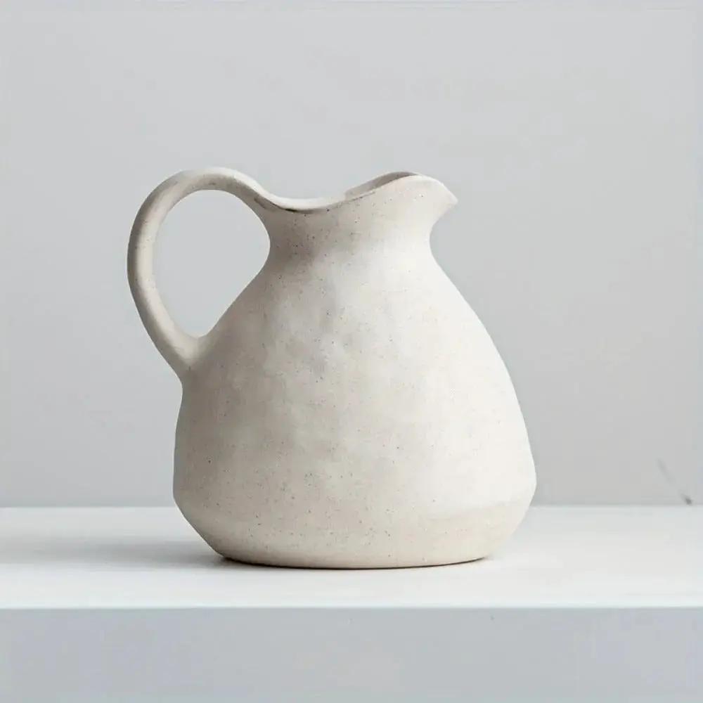 Ceramic Kettle Vase, Rustic White Cylinder Pottery with Handle by House Of Avana