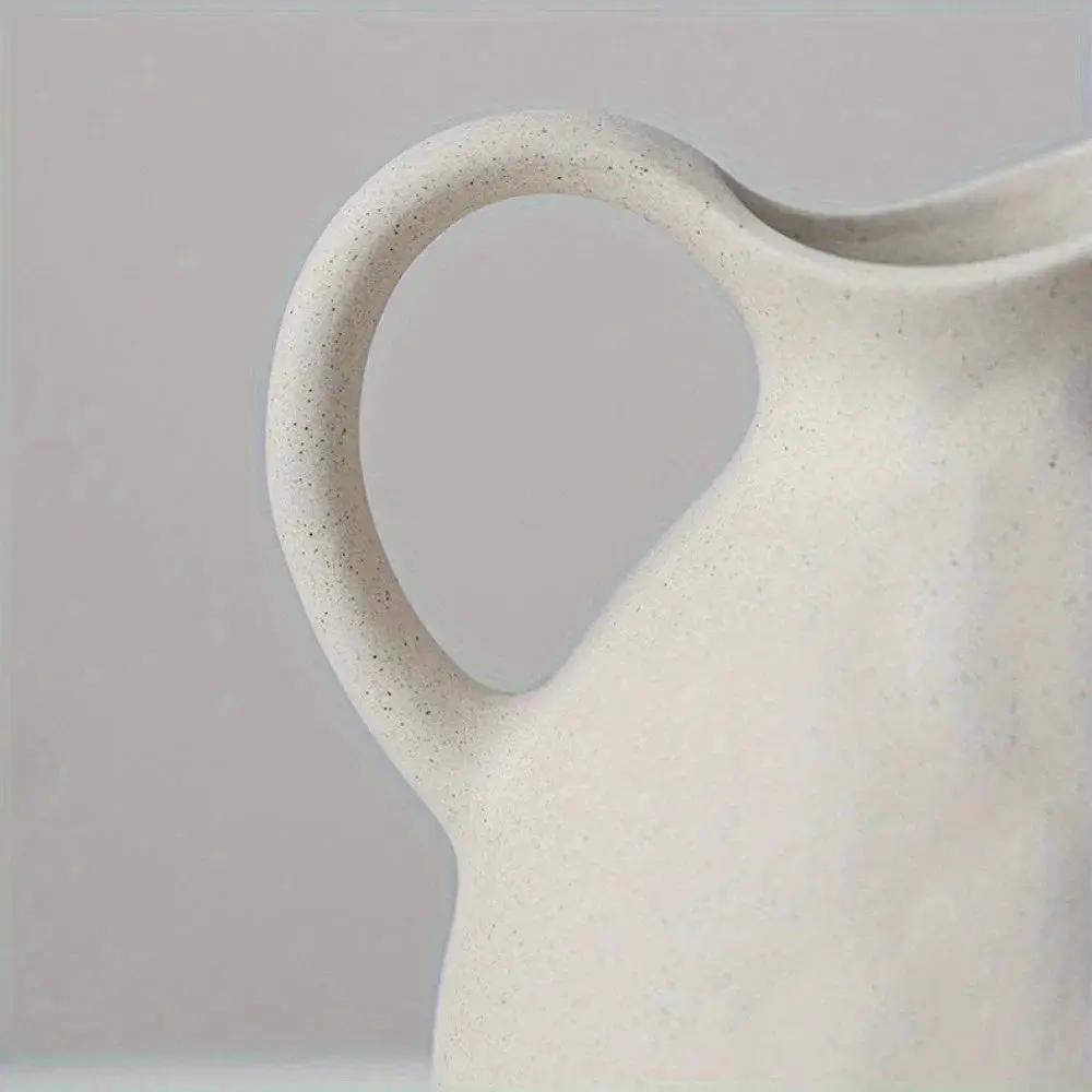 Ceramic Kettle Vase, Rustic White Cylinder Pottery with Handle by House Of Avana