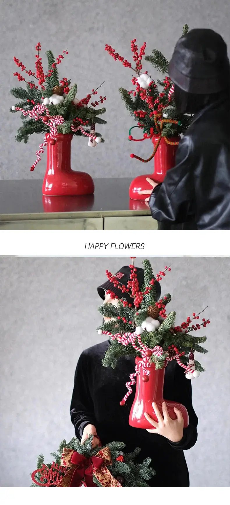 Ceramic Red Vase Planter with Snowflake & Ornament Design by House Of Avana