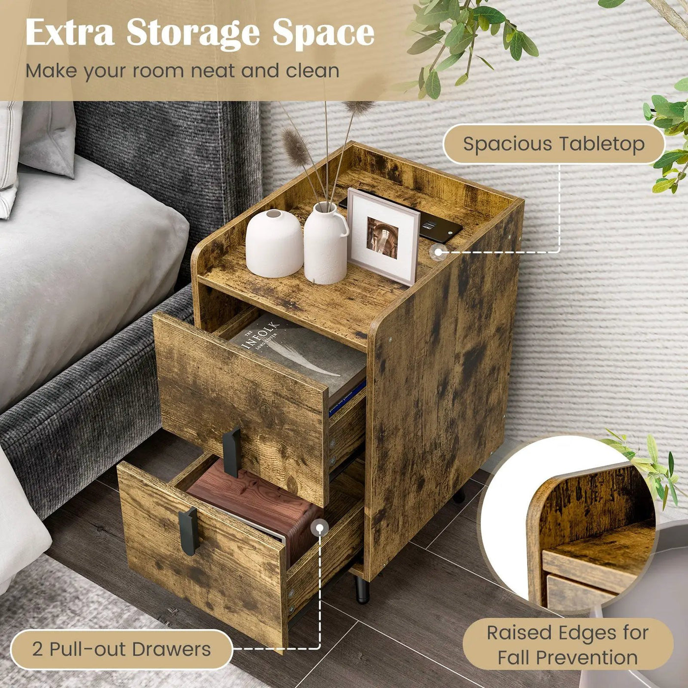 Nightstand Side Tables with 2 Drawers and 2 USB Ports by DirectDeals