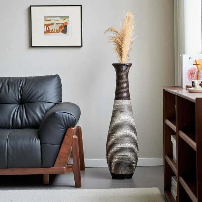 Tall Standing Designer Floor Vase Durable Artificial Rattan Elegant 2 Tone Finish Ideal Decor Accent For Living Room, Bedroom, Entryway Stylish Home Decor Statement Piece - Black / Gray by HouseOfZazla