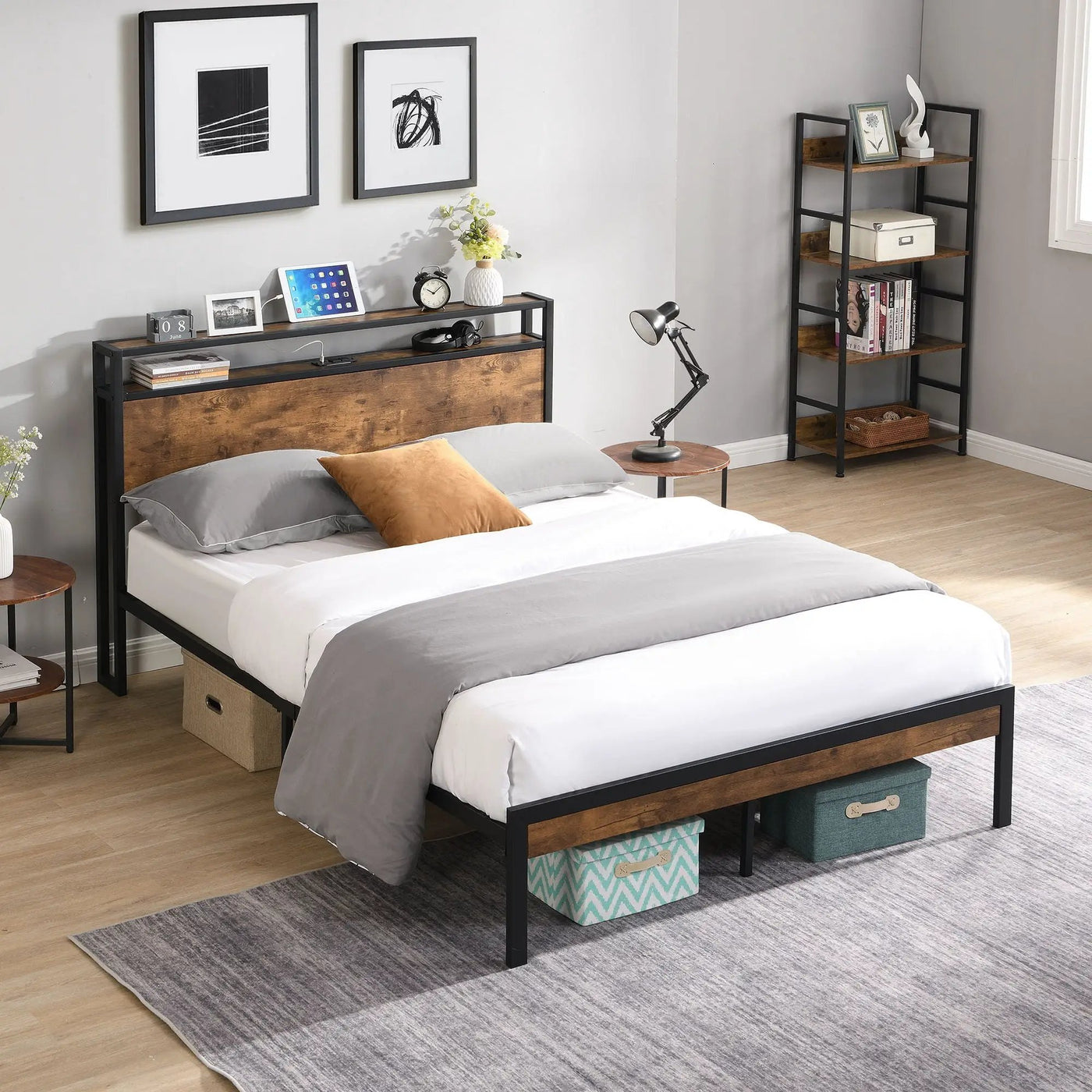 Platform Bed Frame With Wooden Headboard And Footboard, USB Liner by HouseOfZazla