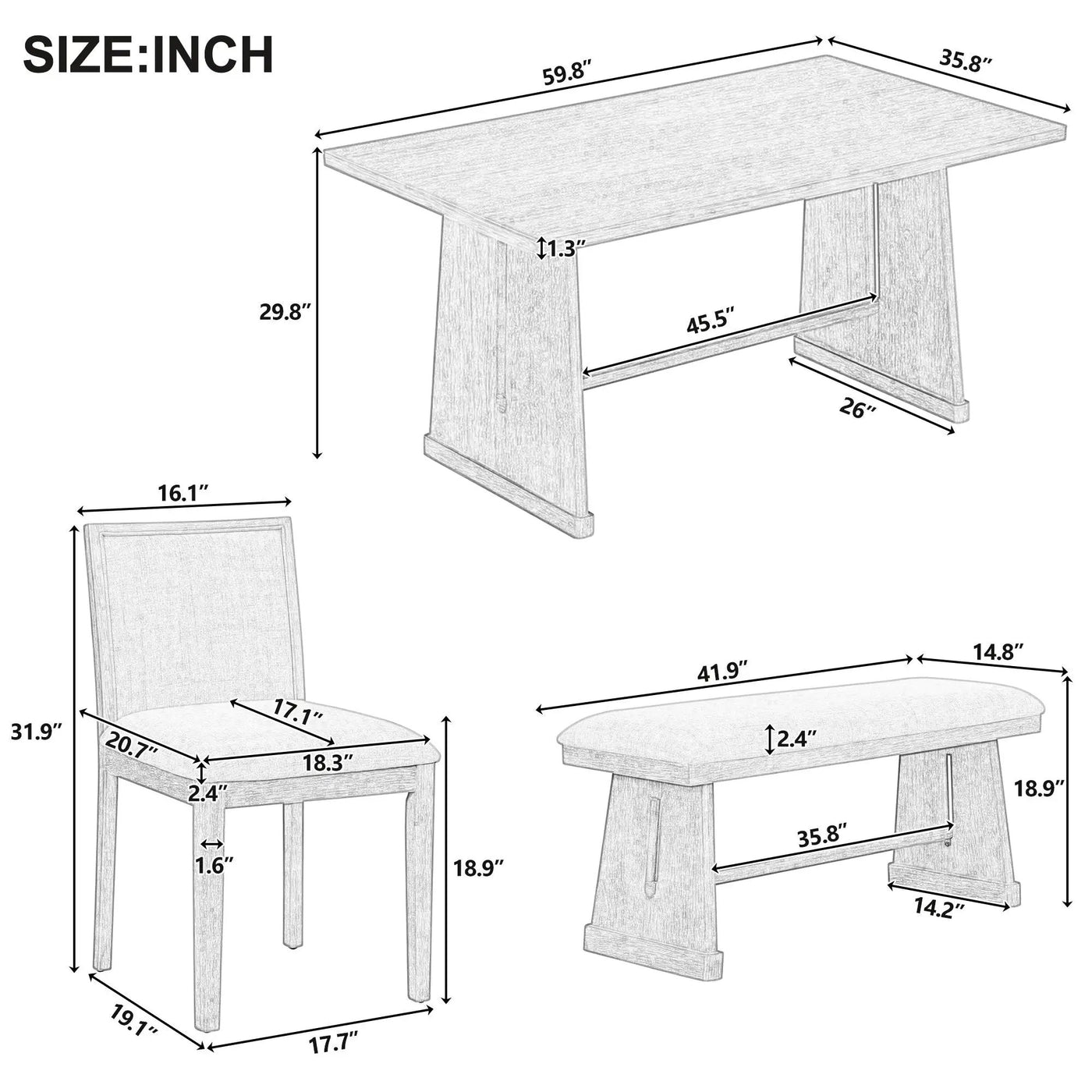 Dining Set With Rectangular Table, 4 Upholstered Chairs & 1 Padded Bench by Unique Piece Furniture