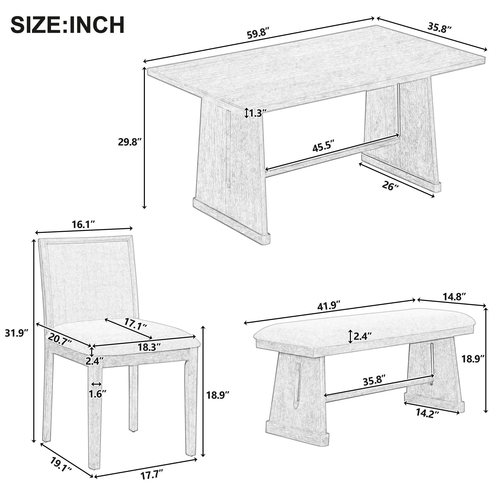 Dining Set With Rectangular Table, 4 Upholstered Chairs & 1 Padded Bench by HouseOfZazla