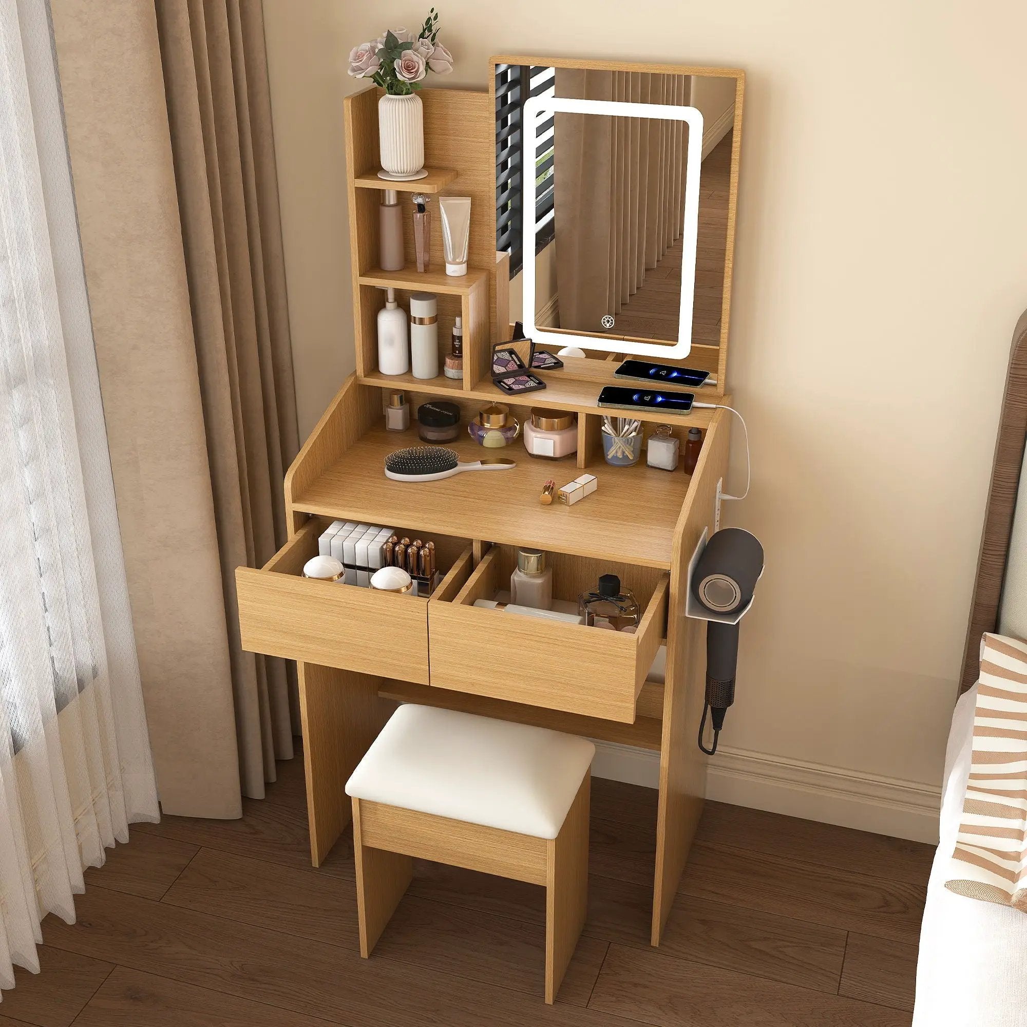 Vanity Table With LED Mirror, Power Outlet, Hairdryer Holder & Padded Stool by HouseOfZazla