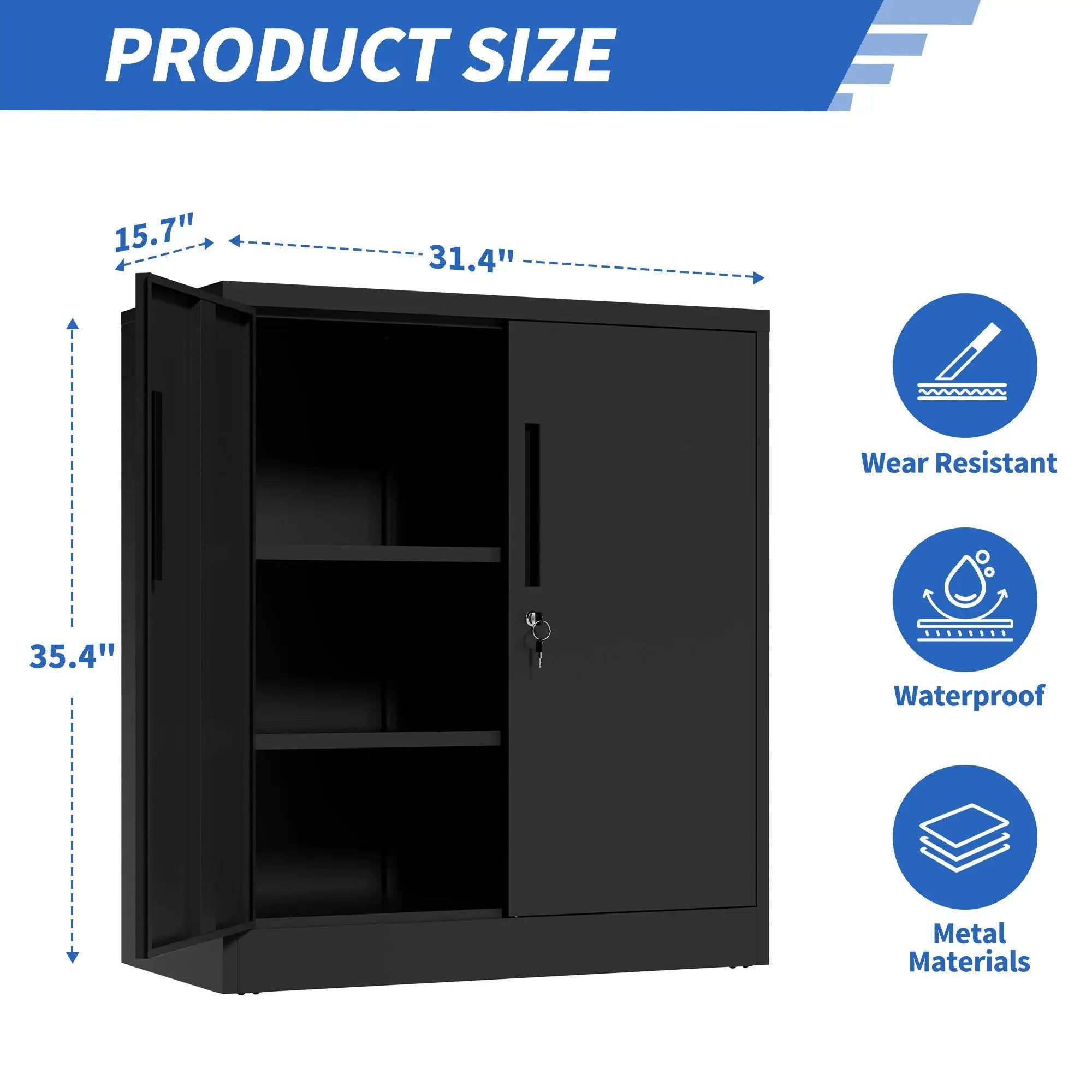 Heavy Duty Storage Cabinet With Lock, 2 Door File Cabinet With 2 Adjustable Shelves - Black by Unique Piece Furniture