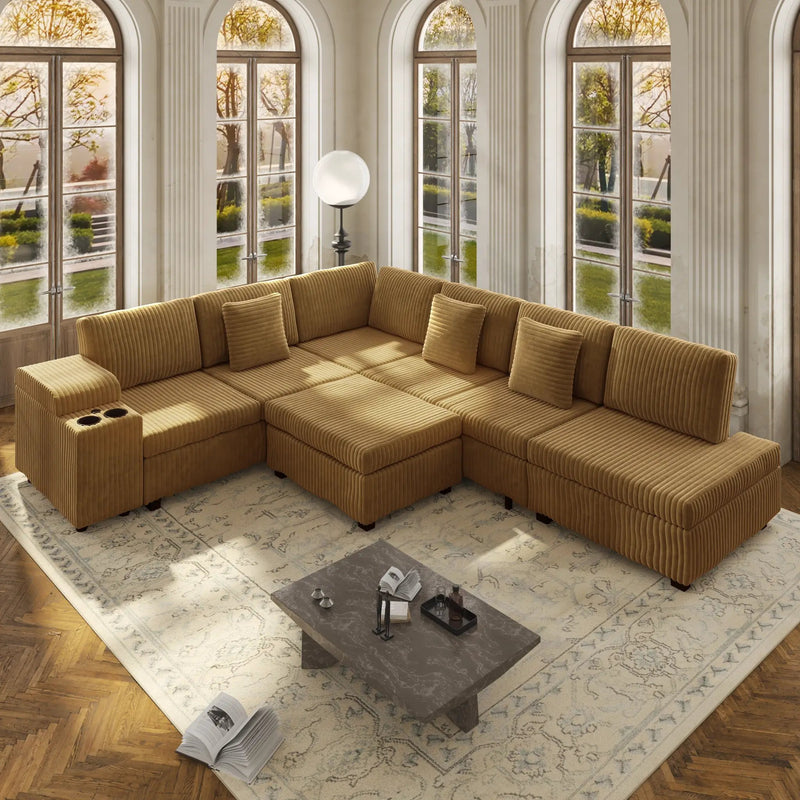 110.2" L-Shaped Sectional Sofa Set with Removable Ottoman in Camel by HouseOfZazla