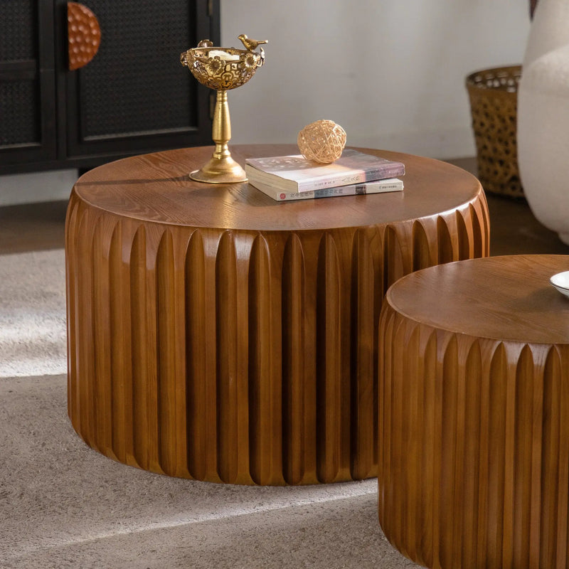 Set of 2 Fluted Round Coffee Tables - Mid-Century Modern Wood by HouseOfZazla