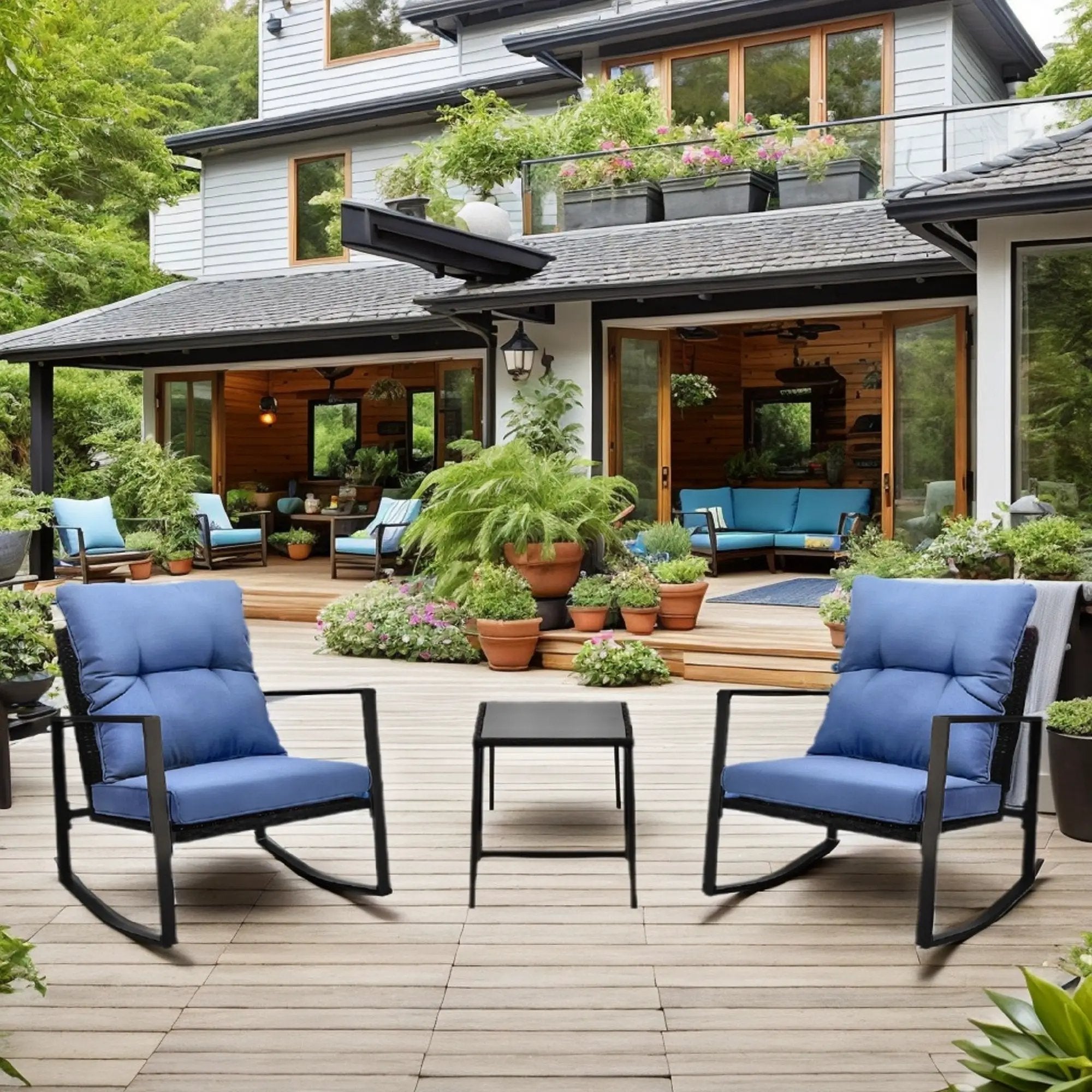 3 Pieces Patio Bistro Set Outdoor Rocking Chair with Blue Cushion for Yard Garden Poolside by HouseOfZazla