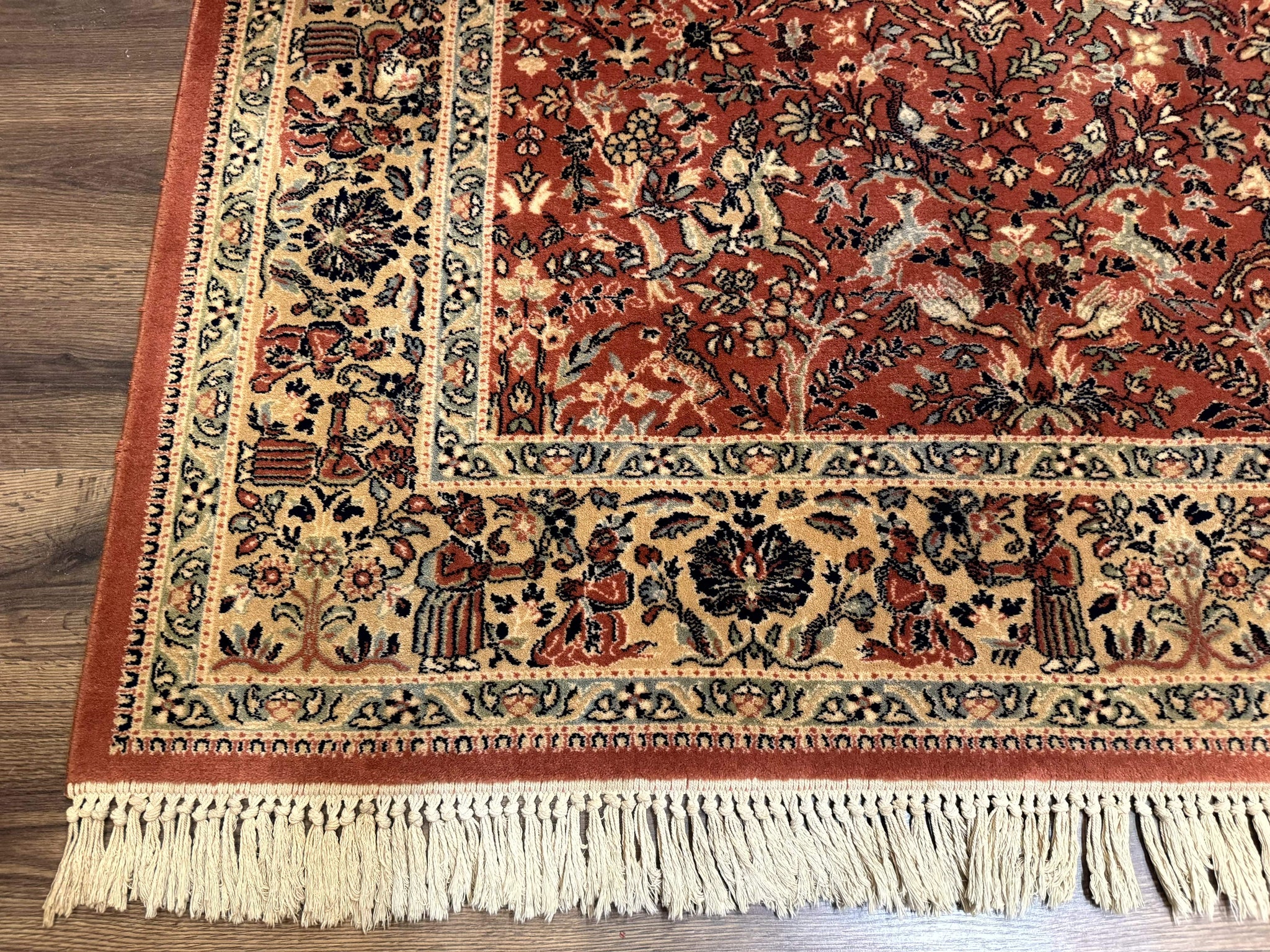 Persian Area Rug 8 x 11.6, Wool, Royal Hunting Scene, Vintage Couristan Rug, Red, Allover Pattern, Belgium Power Loomed by Jewel Rugs