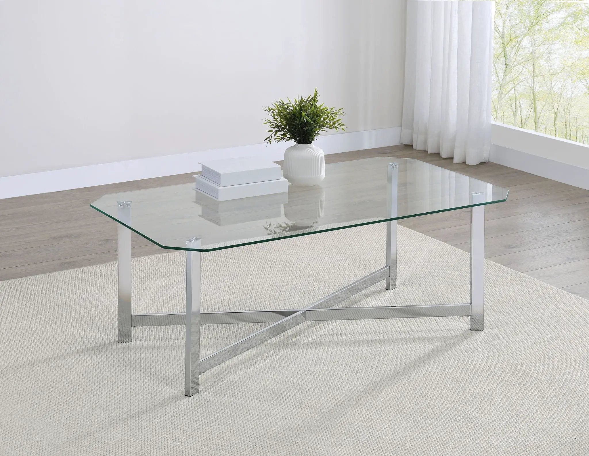 Cronin Rectangular Tempered Glass Top Cocktail Coffee Table Chrome by Unique Piece Furniture
