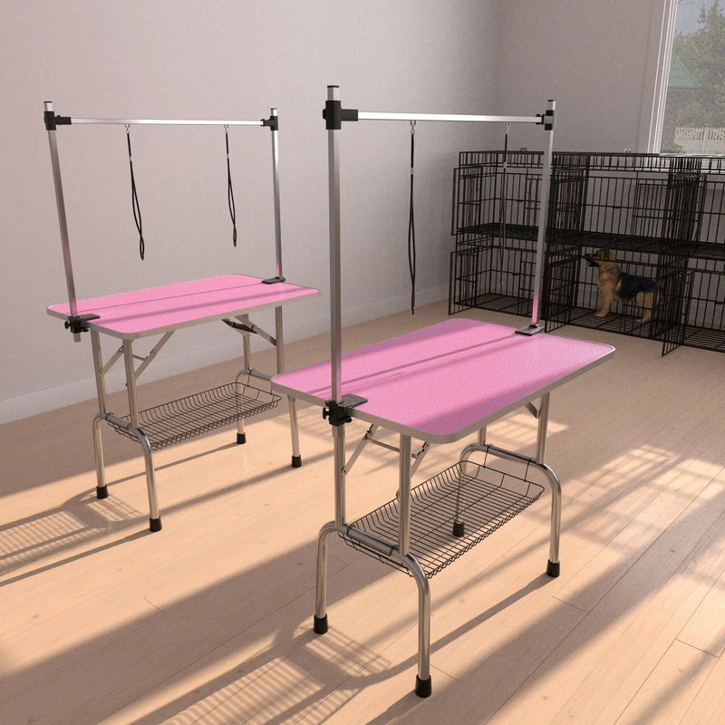 Folding Dog Pet Grooming Table Stainless Steel Frame Rubber Mat On Board With Adjustable Arm And Clamps Pet Dog Cat Grooming Table by HouseOfZazla