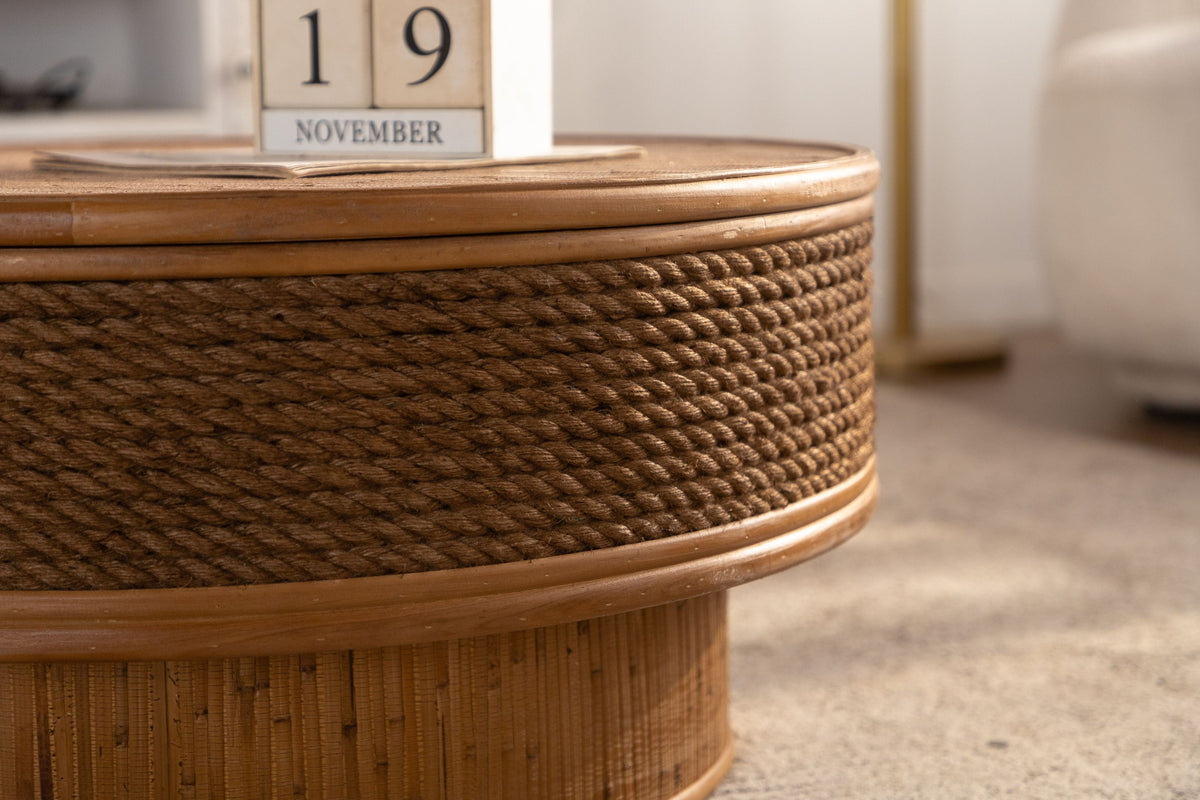 31.5" Round Retro Coffee Table With Flip-top Cover - Hemp Rope + Rattan,Featuring a Vintage, photo 10 of 10