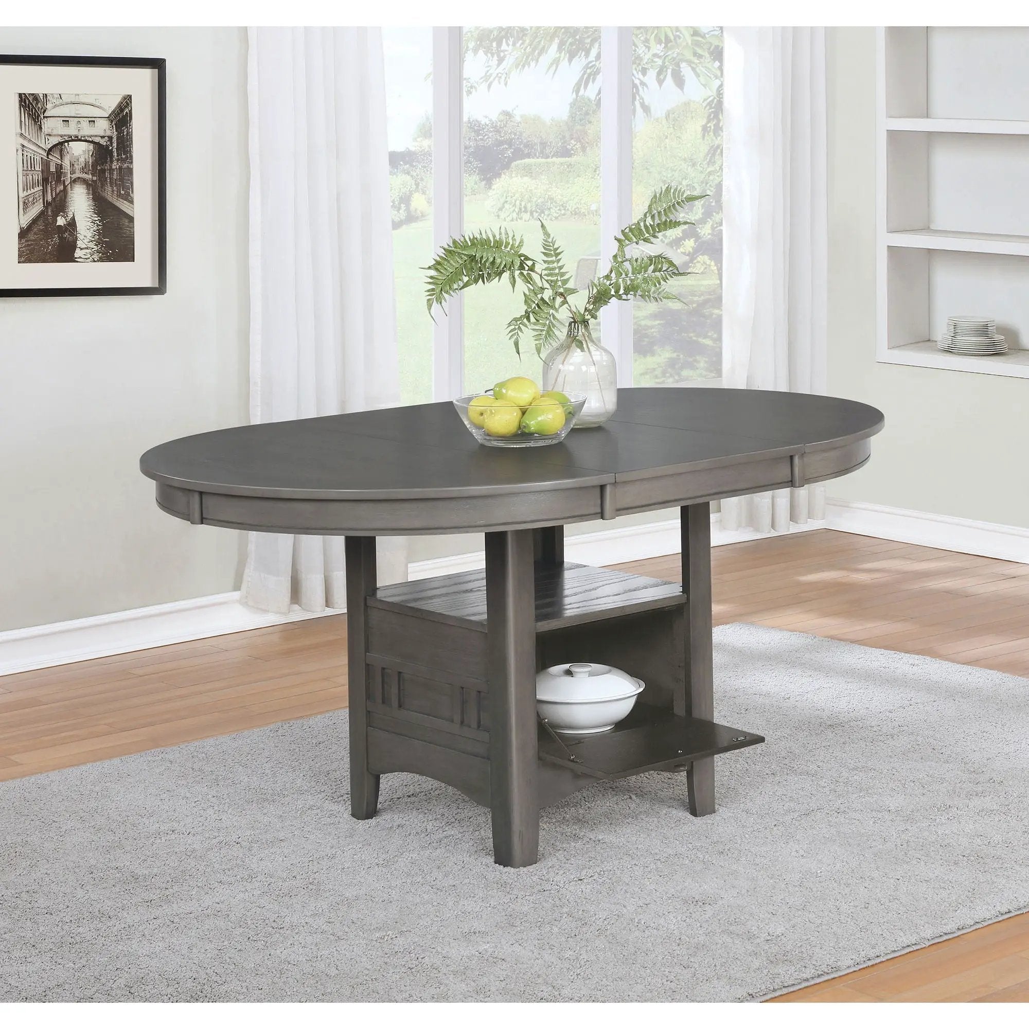 Lavon - Oval Extension Leaf Dining Table With Built In Storage - Gray