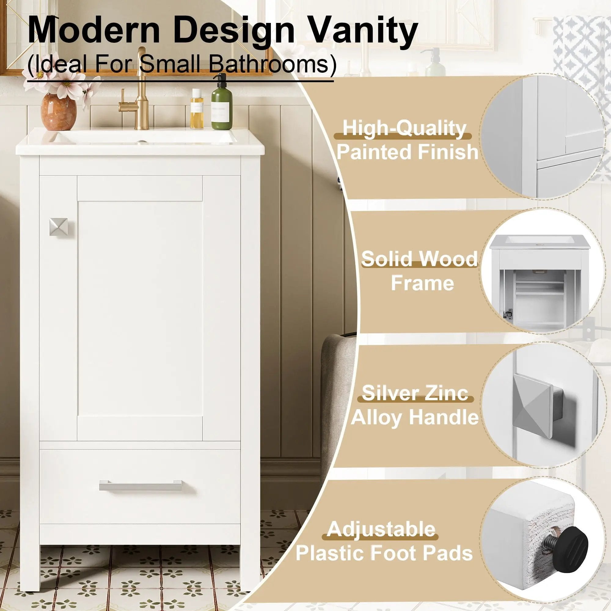Bathroom Vanity With Ceramic Sink, Soft Close Drawers, Door Organizer, Divider Drawer, Adjustable Foot Pads by HouseOfZazla