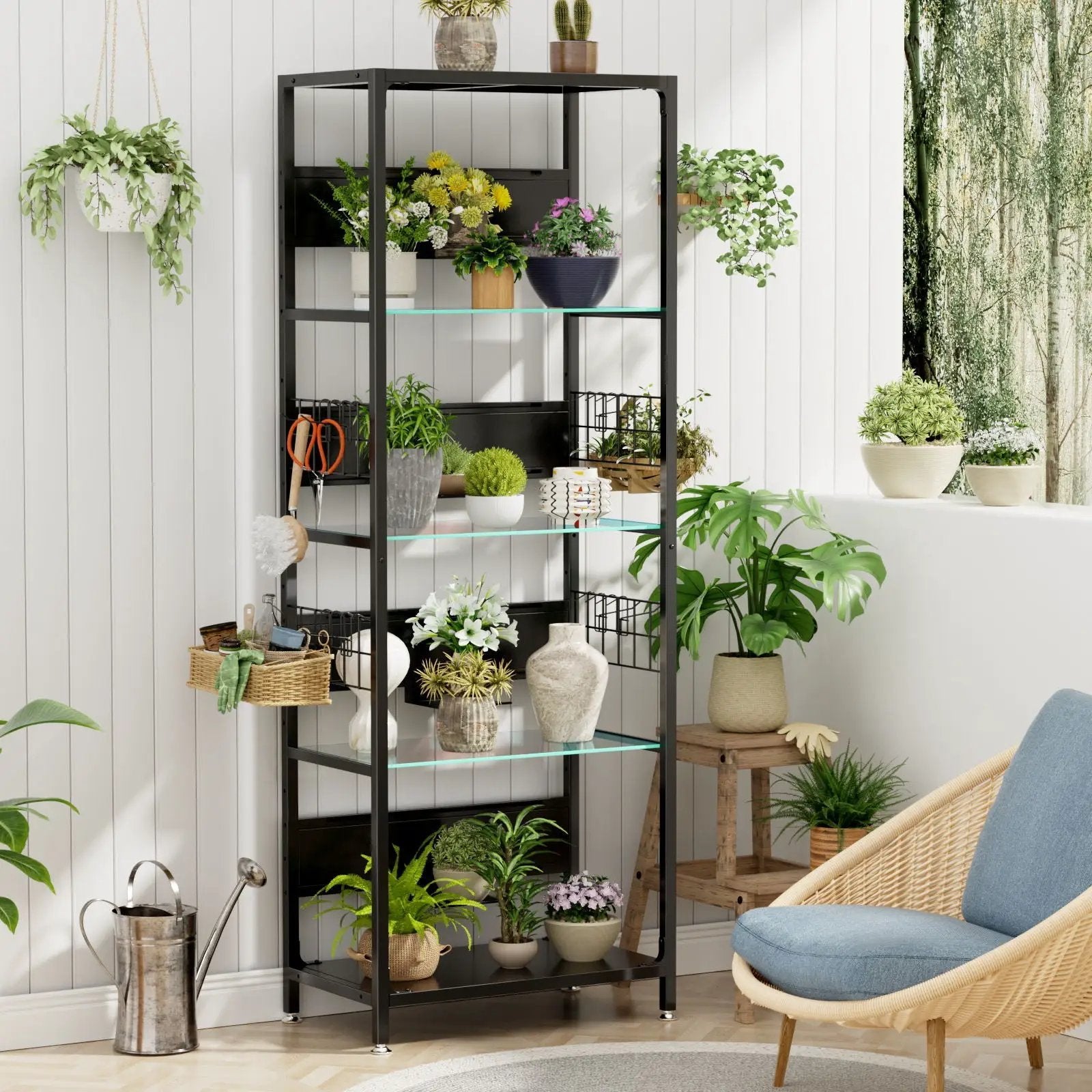4 Tier Display Shelf With RGB Lights, LED Lighted Curio Cabinet With Adjustable Storage Box & Hooks - Black by HouseOfZazla