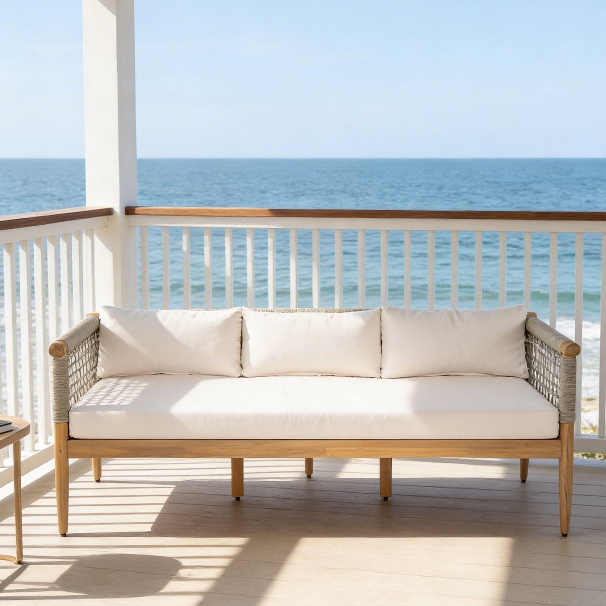 Outdoor Acacia Wood 3-Seater Sofa with Rope Woven Arms - Taupe