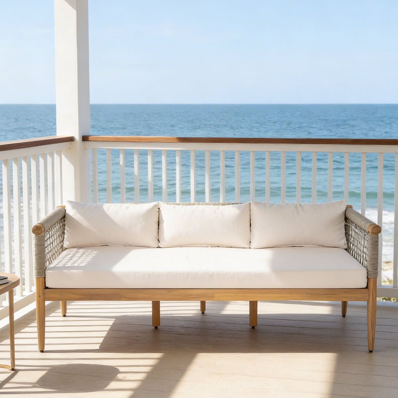 Outdoor Acacia Wood 3-Seater Sofa with Rope Woven Arms - Taupe