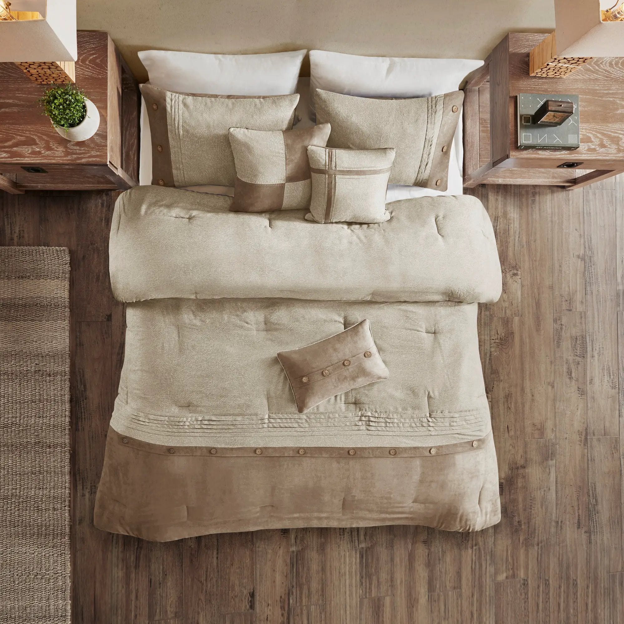 7 Piece Faux Suede Comforter Set Tan Queen by HouseOfZazla