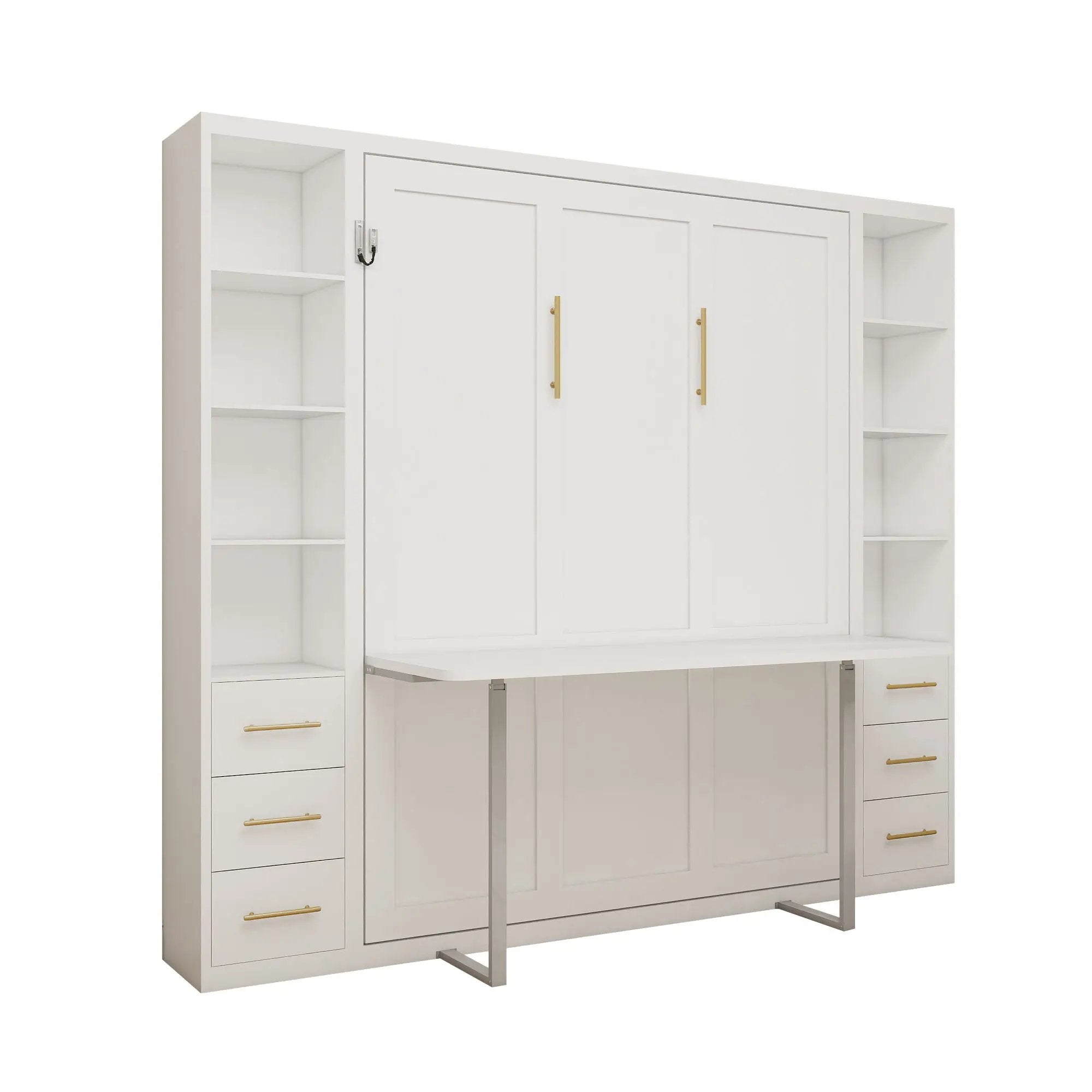 Queen Size Murphy Wall Bed With Side Storage Cabinets - White by HouseOfZazla